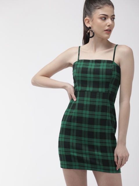 

FOREVER 21 Women Green & Black Checked Sheath Dress