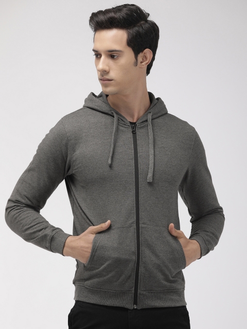 Men Charcoal Grey Solid Slim Fit Hooded Sweatshirt