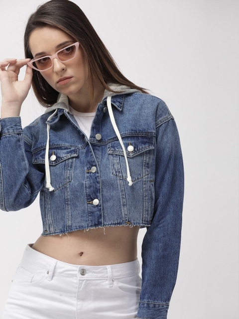 

FOREVER 21 Women Blue Solid Hooded Denim Jacket