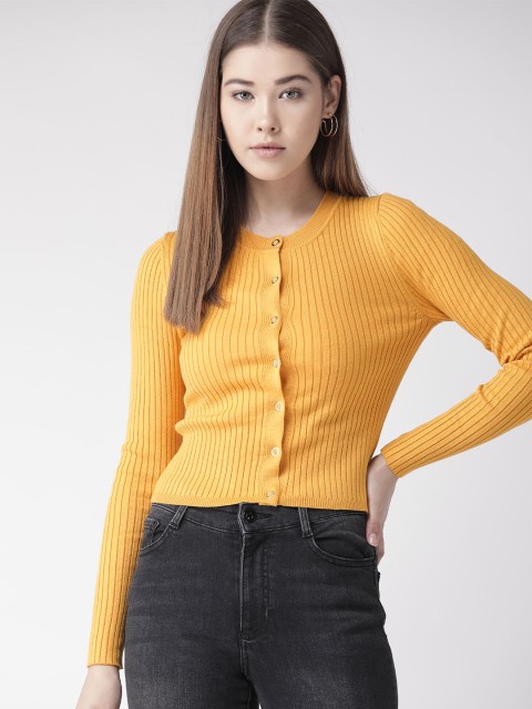 

FOREVER 21 Women Mustard Yellow Ribbed Cardigan Sweater