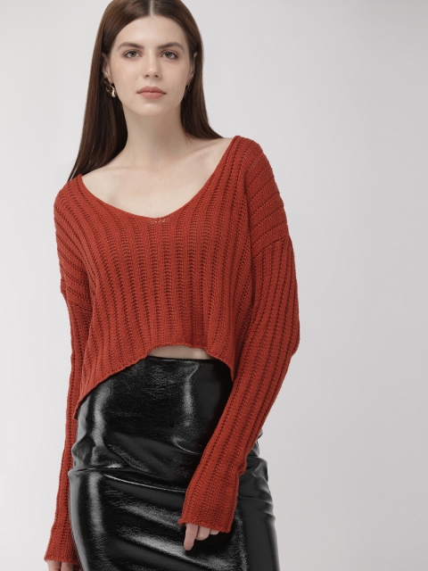 

FOREVER 21 Women Rust Brown Self Design Cropped Pullover Sweater