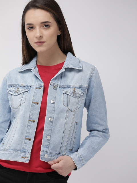 

FOREVER 21 Women Solid Distressed Denim Jacket, Blue