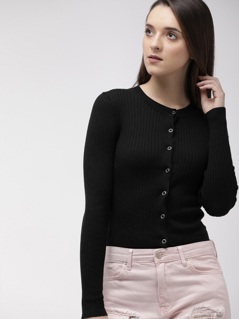 

FOREVER 21 Women Black Solid Cardigan Sweater With Ribbed Detailing