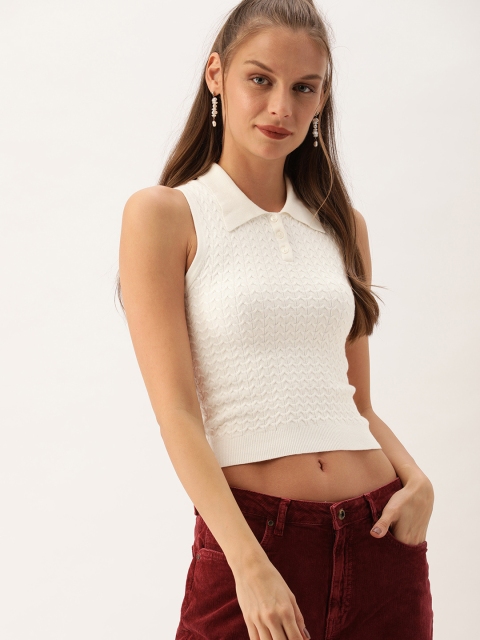 

FOREVER 21 Women Off-White Self Design Fitted Knitted Crop Top