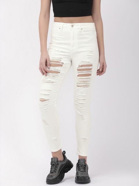 

FOREVER 21 Women White Slim Fit Mid-Rise Highly Distressed Stretchable Jeans