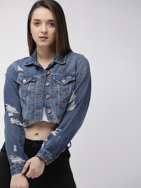 

FOREVER 21 Women Solid Distressed Denim Jacket, Blue