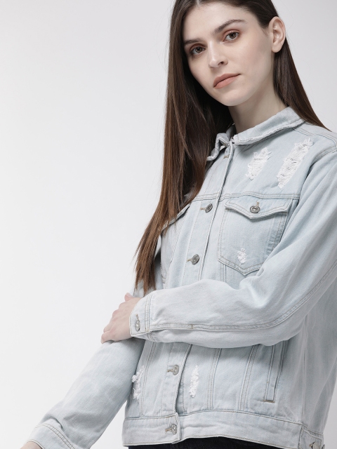 

FOREVER 21 Women Solid Distressed Denim Jacket, Blue