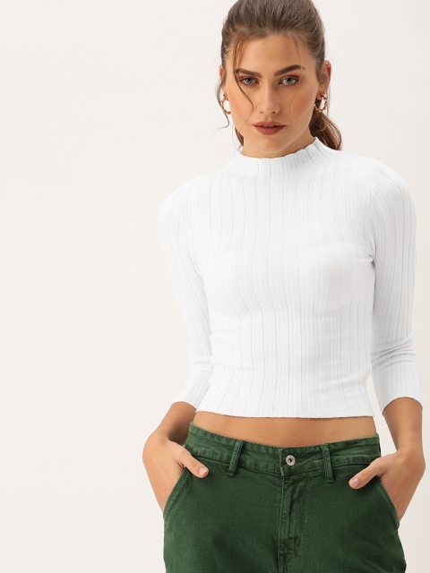 

FOREVER 21 Women White Self-Striped Fitted Crop Sweater