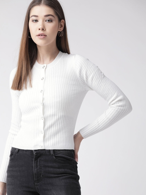 

FOREVER 21 Women White Ribbed Cardigan Sweater