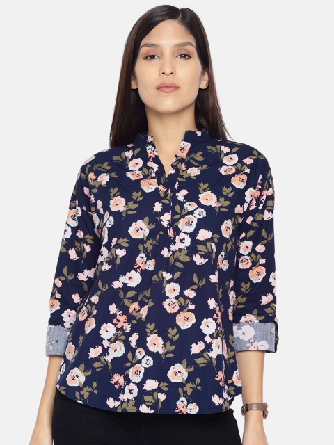 

Park Avenue Women Navy Blue & Peach Floral Printed Pure Cotton Shirt Style Pure Cotton Top