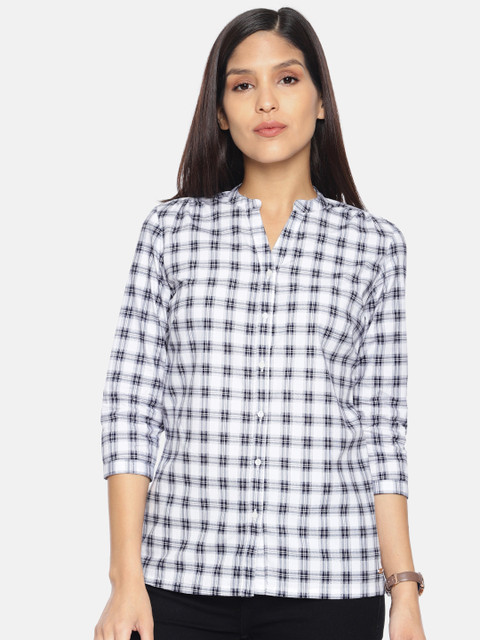 

Park Avenue Women Navy Blue & White Checked Pure Cotton Shirt Style Pure Cotton Top