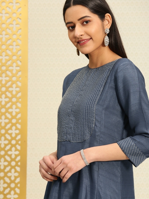 

House of Pataudi Women Blue Yoke Design Kurta with Churidar