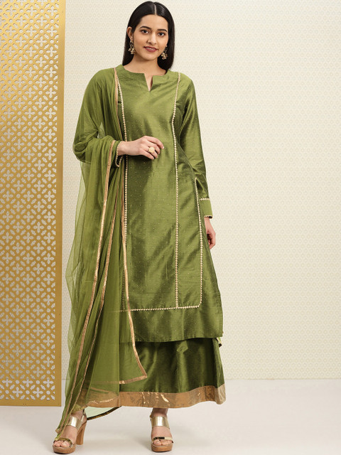 

House of Pataudi Women Olive Green Printed Kurta with Skirt & Dupatta