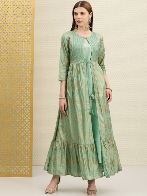 

House of Pataudi Women Green & Golden Printed Layered Kurta Set