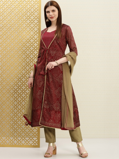

House of Pataudi Women Maroon & Beige Printed Kurta with Trousers & Dupatta