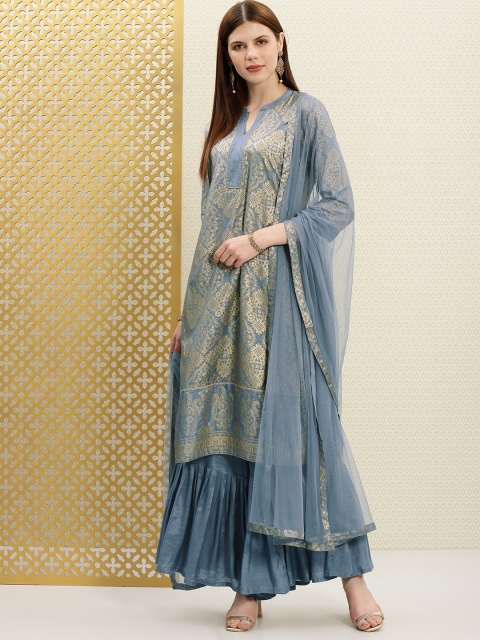 

House of Pataudi Women Grey & Gold-Toned Printed Kurta with Sharara & Dupatta