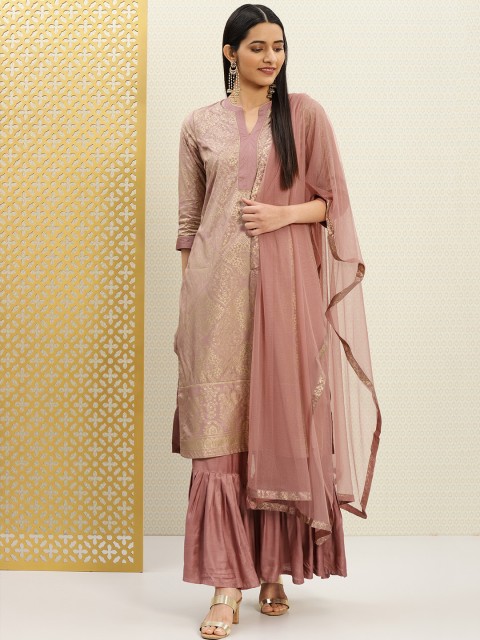 

House of Pataudi Women Mauve & Gold-Toned Printed Kurta with Sharara & Dupatta