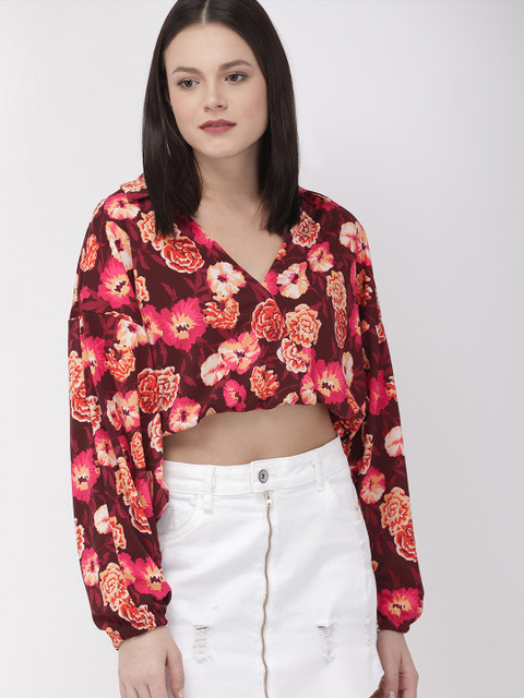 

FOREVER 21 Women Burgundy & Pink Printed Wrap Top