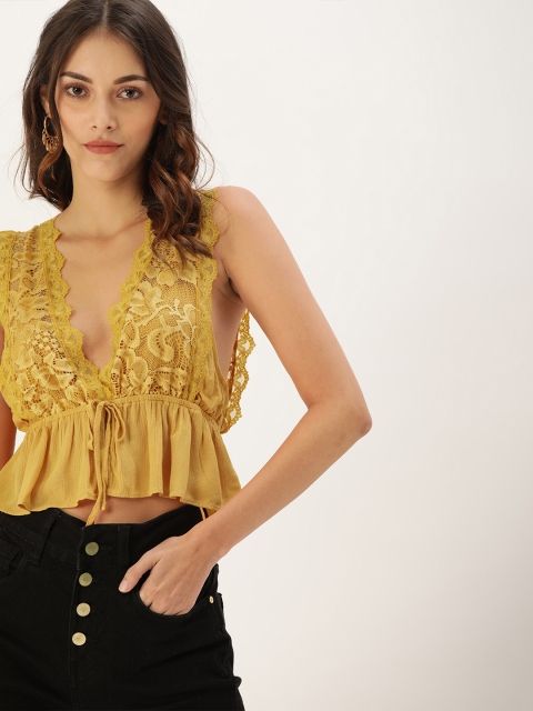 

FOREVER 21 Women Mustard Yellow Lace Self Design Styled Back Crop Top With Waist Tie-Ups