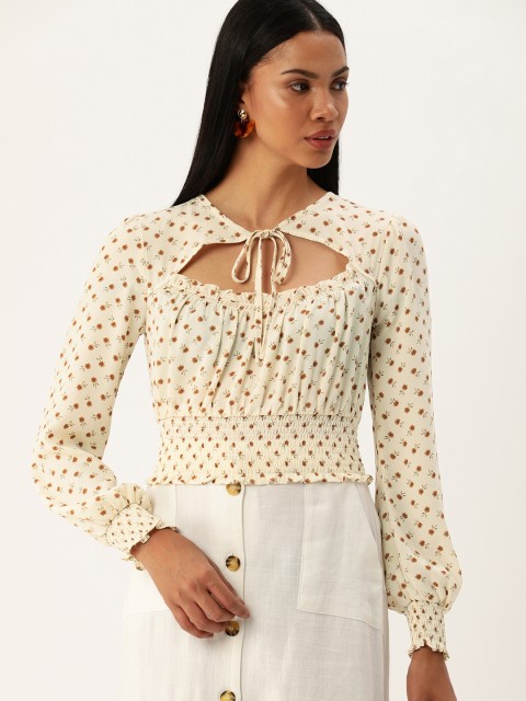 

FOREVER 21 Women Beige & Brown Printed Cinched Waist Cropped Top With Smocking Detail