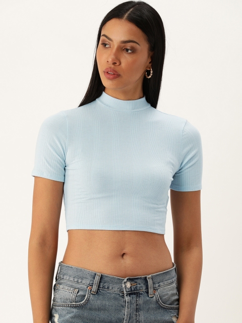

FOREVER 21 Women Blue Self- Striped Cropped Top