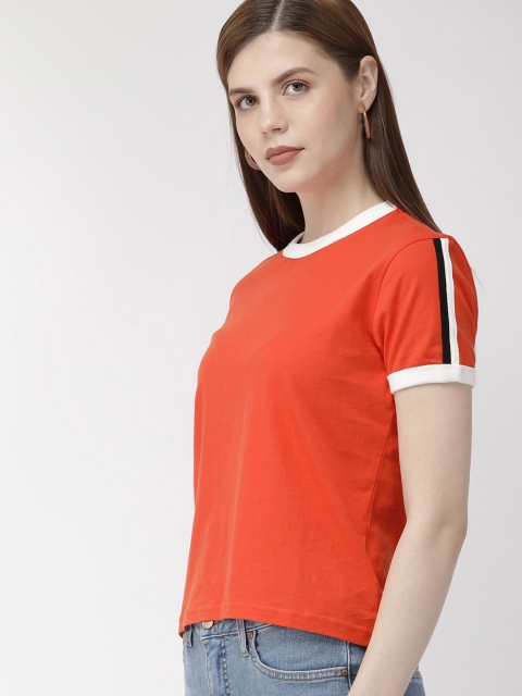 

FOREVER 21 Women Red Solid Round Neck T-shirt With Applique Detailing