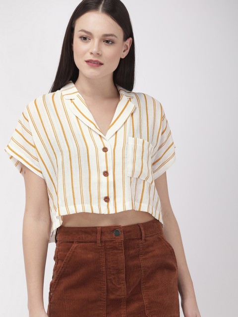 

FOREVER 21 Women Cream-Coloured Striped & Mustard Yellow Cropped Shirt Style Top