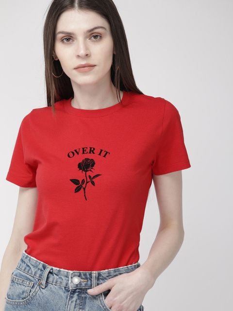 

FOREVER 21 Women Red Embossed Printed Round Neck T-shirt