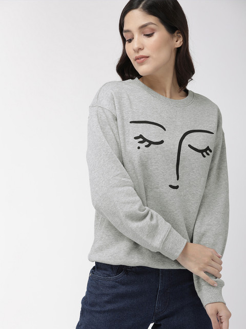 

FOREVER 21 Women Grey Melange Printed Sweatshirt