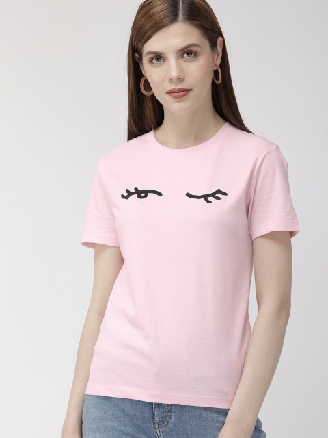 

FOREVER 21 Women Pink Printed Regular Fit Round Neck Pure Cotton T-shirt