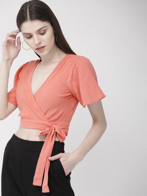 

FOREVER 21 Women Peach-Coloured Solid Cropped Wrap Top With Tie-Up Closure