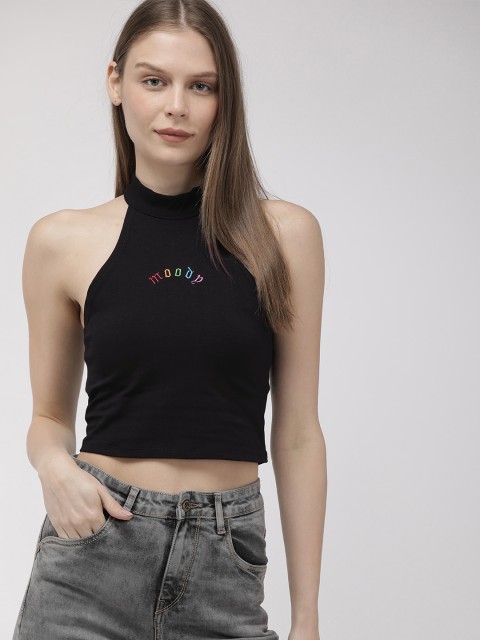 

FOREVER 21 Women Black Embroidered Fitted Cropped Top