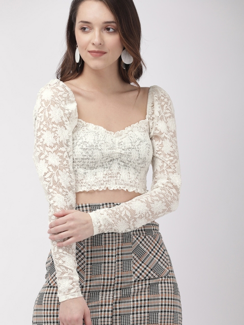 

FOREVER 21 Women Off-White Self Design Fitted Lace Top With Smocked Detailing