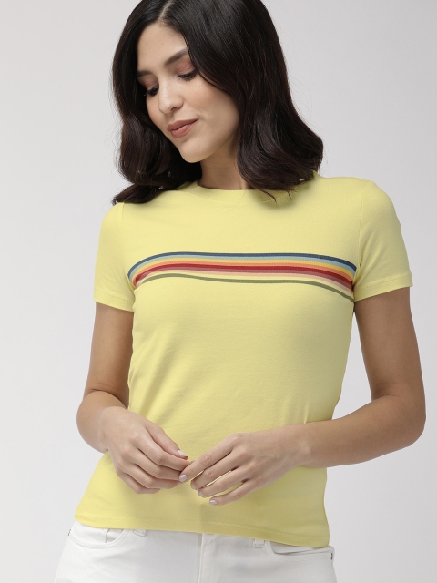 

FOREVER 21 Women Yellow Solid Round Neck T-shirt