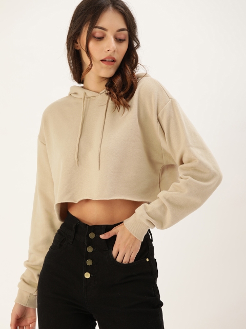 

FOREVER 21 Women Beige Solid Hooded Cropped Sweatshirt