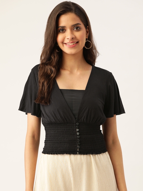 

FOREVER 21 Women Black Solid Empire Top with Smocked Waist