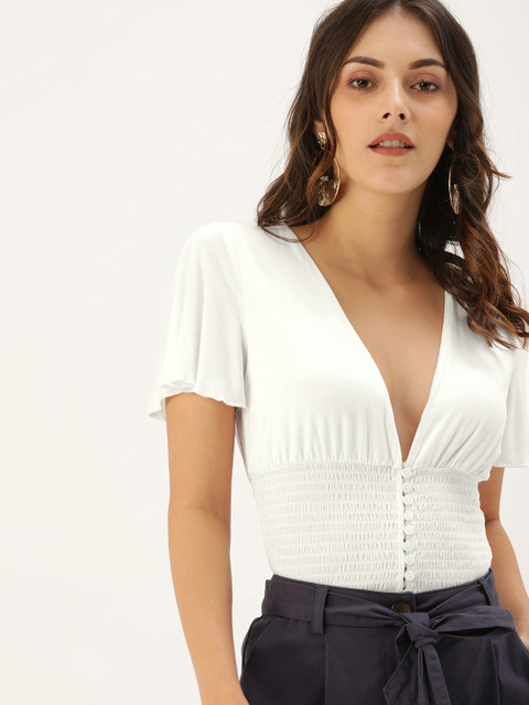 

FOREVER 21 Women White Solid Smocked Fitted Top With Flared Sleeves