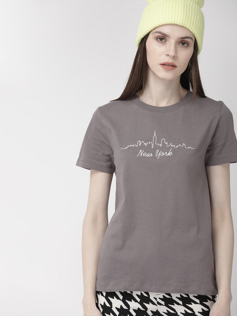 

FOREVER 21 Women Grey Solid Round Neck T-shirt
