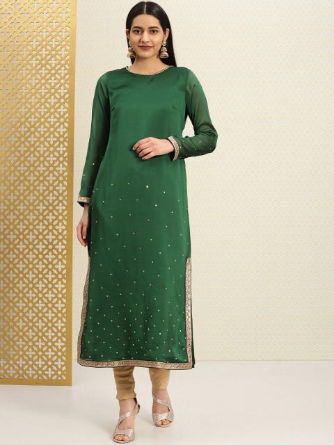 

House of Pataudi Women Green Embroidered Straight Kurta