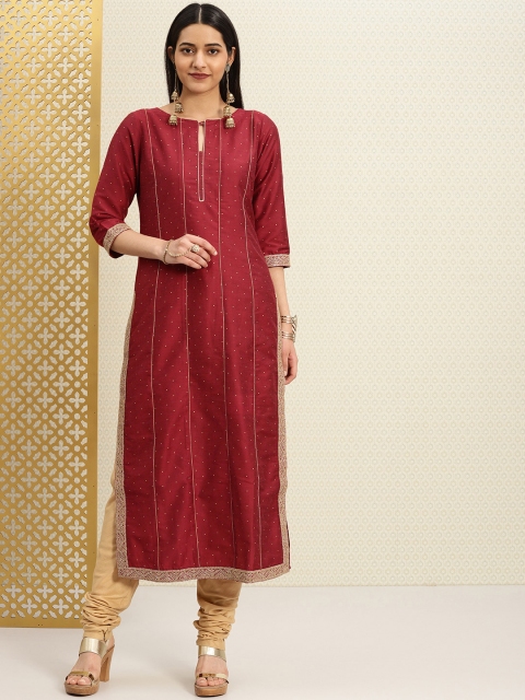 

House of Pataudi Women Maroon Embellished Straight Kurta