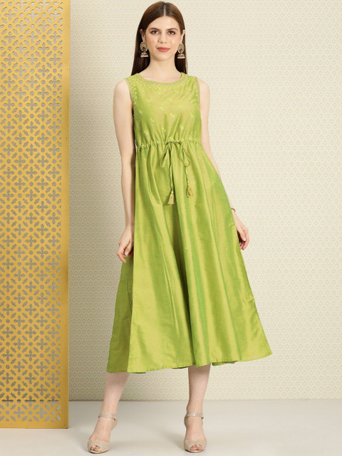 

House of Pataudi Women Lime Green Embroidered Fit and Flare Dress