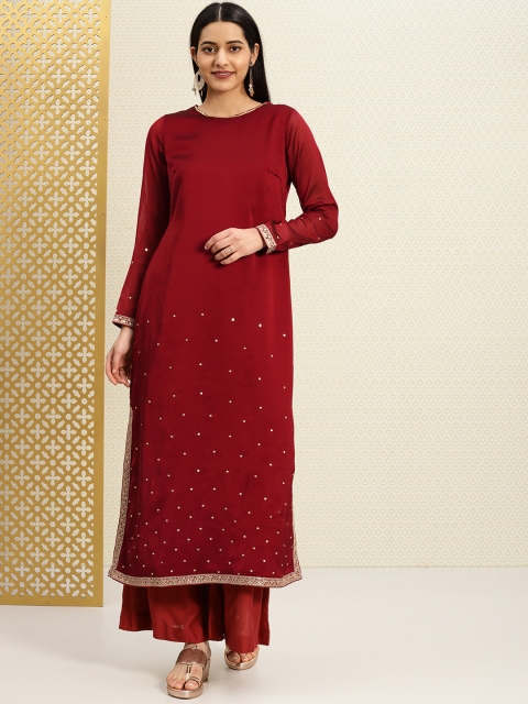 

House of Pataudi Women Maroon Embroidered Straight Kurta
