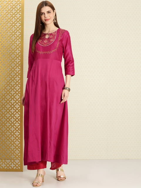 

House of Pataudi Women Fuchsia Pink Embroidered A-Line Kurta