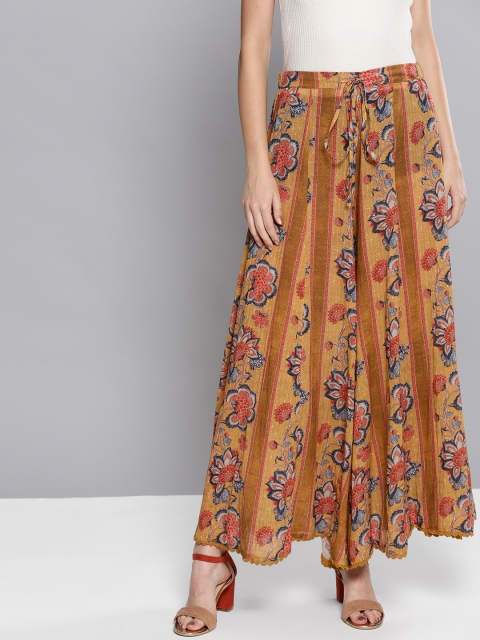 

Ritu Kumar Women Mustard Yellow & Navy Blue Printed Flared Palazzos