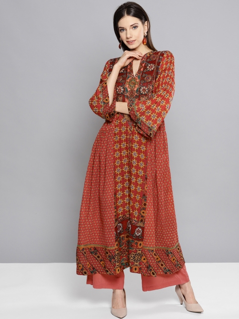 

Ritu Kumar Women Rust Red & Yellow Printed Kurta with Palazzos