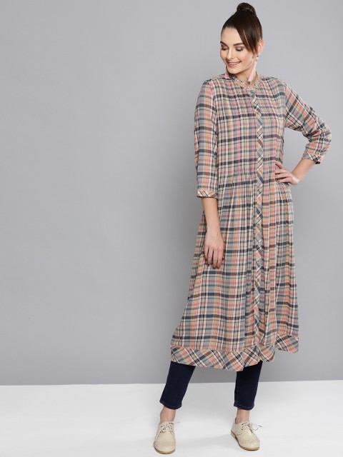 

Ritu Kumar Women Cream-Coloured & Blue Checked A-Line Kurta