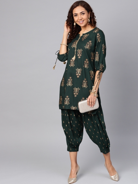 

Shree Women Green & Golden Printed Kurti with Dhoti Pants