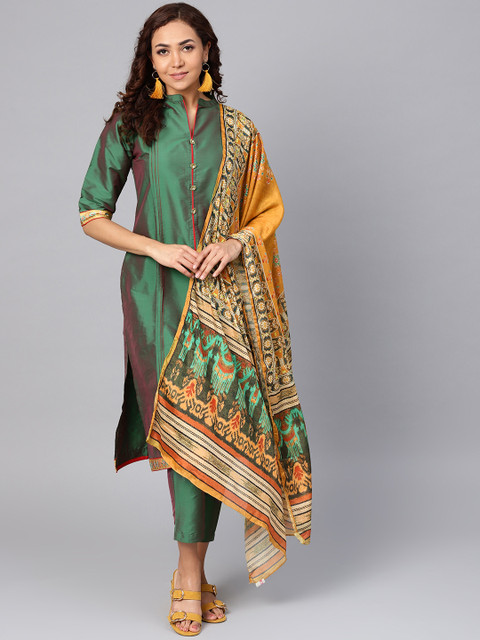 

Shree Women Green & Mustard Yellow Solid Kurta with Trousers & Dupatta
