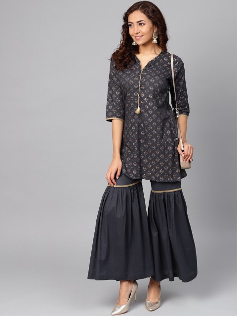 

Shree Women Charcoal Grey & Golden Printed Kurti with Sharara