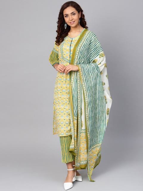 

Shree Women Yellow & Blue Printed Kurta with Trousers & Dupatta